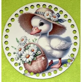   15cm Horgolható nyomtatott fa alap 7 mm lyukkal   Kiskacsa Virág kosárral  	1db	15cm vastagság 2,5mm	