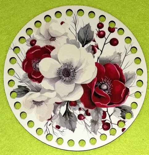 15cm Horgolható nyomtatott fa alap 7 mm lyukkal  Virágos 	1db	15cm vastagság 2,5mm	