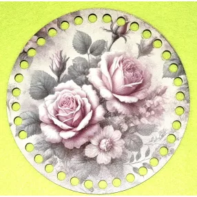   15cm Horgolható nyomtatott fa alap 7 mm lyukkal Rusztikus háttér rózsaszín rózsával   	1db	15cm vastagság 2,5mm	