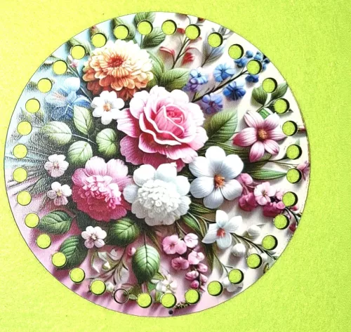 15cm Horgolható nyomtatott fa alap 7 mm lyukkal Virágos 	1db	15cm vastagság 2,5mm	