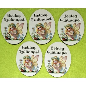   Nyomtatott fa alapú HDF(nem tömörfa) Ovális Margaréta  tündér Boldog Szülinapot  felirattal 	5db/csomag	5x6,5cm vastagság 2,5mm	