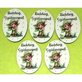   Nyomtatott fa alapú HDF(nem tömörfa) Ovális Manós  Boldog Szülinapot  felirattal 	5db/csomag	5x6,5cm vastagság 2,5mm	