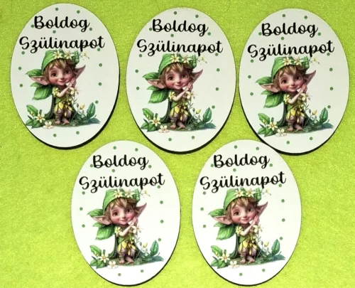 Nyomtatott fa alapú HDF(nem tömörfa) Ovális Manós  Boldog Szülinapot  felirattal 	5db/csomag	5x6,5cm vastagság 2,5mm	