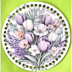   15cm Horgolható nyomtatott fa alap 7 mm lyukkal Lila tulipános   	1db	15cm vastagság 2,5mm	