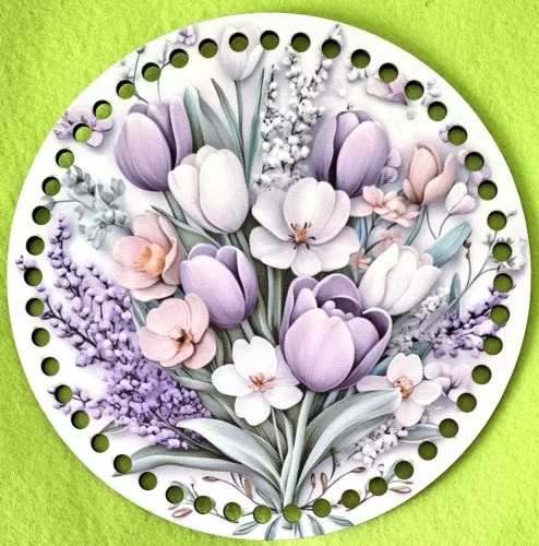 15cm Horgolható nyomtatott fa alap 7 mm lyukkal Lila tulipános   	1db	15cm vastagság 2,5mm	