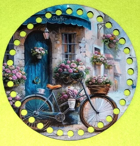 15cm Horgolható nyomtatott fa alap 7 mm lyukkal Falhoz támasztott kerékpár 	1db	15cm vastagság 2,5mm	