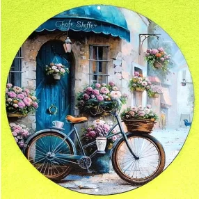   Nyomtatott kerek kopogtató közép Falhoz támasztott kerékpár 	1db	15cm vastagság 2,5mm	