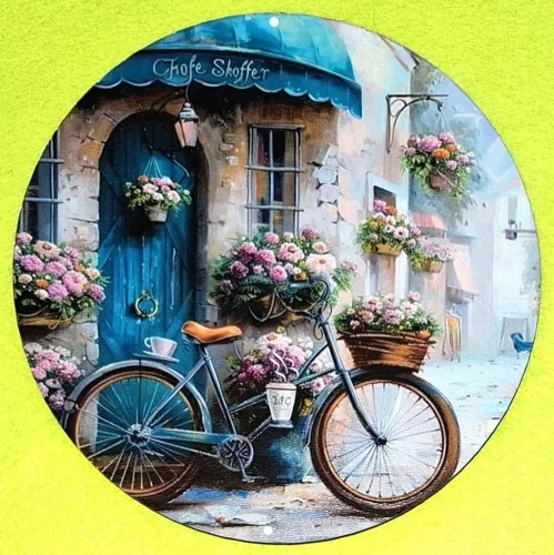 Nyomtatott kerek kopogtató közép Falhoz támasztott kerékpár 	1db	15cm vastagság 2,5mm	