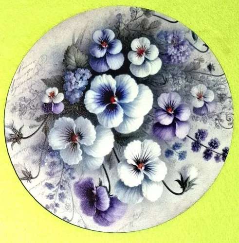 Nyomtatott kerek kopogtató közép Árvácska csokor 	1db	15cm vastagság 2,5mm	