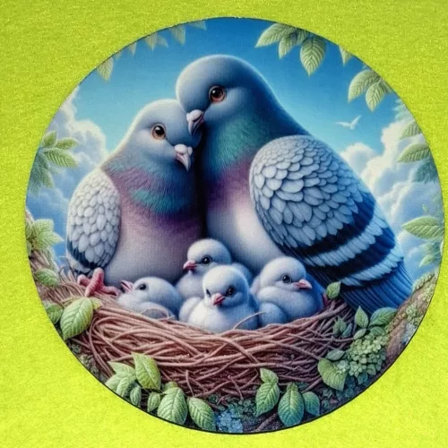 Nyomtatott kerek kopogtató közép Galambpár fiókákkal 	1db	15cm vastagság 2,5mm	