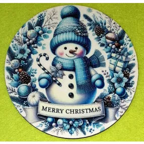   Nyomtatott kerek kopogtató közép Hóember kék mintával  Merry Christmas felirattal 	1db	15cm vastagság 2,5mm	