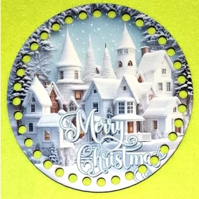   15cm Horgolható nyomtatott fa alap Havas házikók Merry Christmas felirattal 7mm lyukkal 	1db	15cm vastagság 2,5mm	