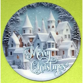   Nyomtatott kerek kopogtató közép Havas házikók Merry Christmas felirattal	1db	15cm vastagság 2,5mm	