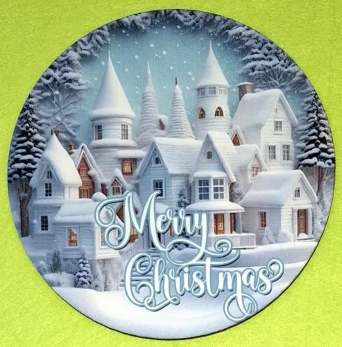Nyomtatott kerek kopogtató közép Havas házikók Merry Christmas felirattal	1db	15cm vastagság 2,5mm	