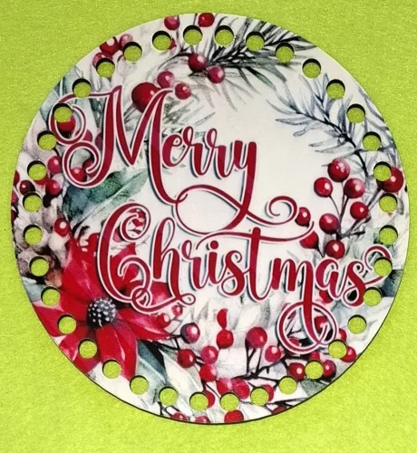 15cm Horgolható nyomtatott fa alap Mikulásvirágos  Merry Christmas felirattal 7mm lyukkal 	1db	15cm vastagság 2,5mm	