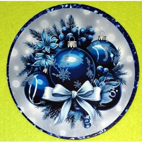   Nyomtatott kerek kopogtató közép Kék karácsonyfa gömb szalaggal.	1db	15cm vastagság 2,5mm	