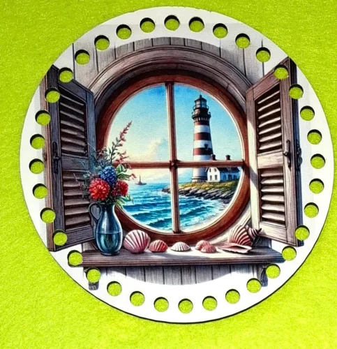 15cm Horgolható nyomtatott fa alap   Világító toronyra néző ablak 7mm lyukkal 	1db	15cm vastagság 2,5mm	