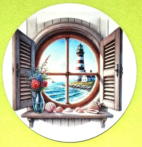 Nyomtatott kerek kopogtató közép Világító toronyra néző ablak 	1db	15cm vastagság 2,5mm	