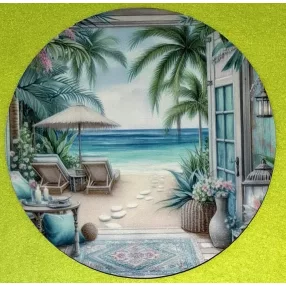   Nyomtatott kerek kopogtató közép Pálmafára és tengere néző ajtó 	1db	15cm vastagság 2,5mm	