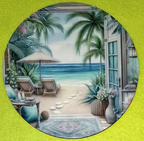 Nyomtatott kerek kopogtató közép Pálmafára és tengere néző ajtó 	1db	15cm vastagság 2,5mm	