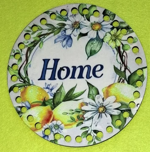15cm Horgolható nyomtatott fa alap  Citrom koszorú virággal Home felirattal  7mm lyukkal 	1db	15cm vastagság 2,5mm	