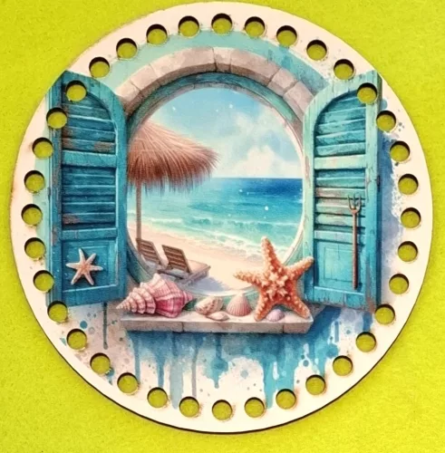 15cm Horgolható nyomtatott fa alap  Tengere néző ablak	7mm lyukkal 1db	15cm vastagság 2,5mm	