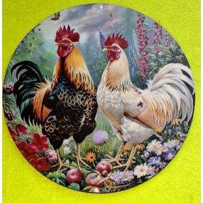   Nyomtatott kerek kopogtató közép Tarka és fehér kakas 	1db	15cm vastagság 2,5mm	