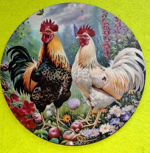 Nyomtatott kerek kopogtató közép Tarka és fehér kakas 	1db	15cm vastagság 2,5mm	