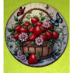   Nyomtatott kerek kopogtató közép Pillangós epres kosár 	1db	11,8cm vastagság 2,5mm	