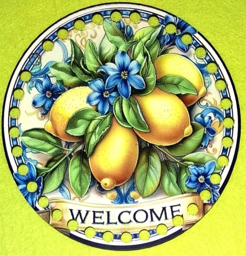 15cm Horgolható nyomtatott fa alap  Citrom fürt Welcome felirattal 7mm lyukkal 	1db	15cm vastagság 2,5mm	