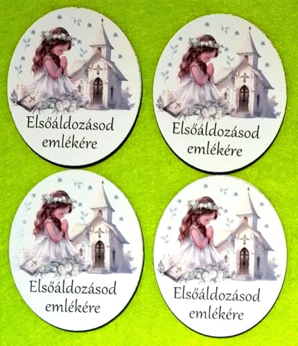 Nyomtatott ovál tábla kislány Elsőáldozásod emlékére  felirattal	4db	6,5x7,5cm vastagság 2,5mm	