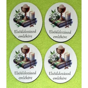   Nyomtatott ovál tábla általános Elsőáldozásod emlékére  felirattal	4db	6,5x7,5cm vastagság 2,5mm	