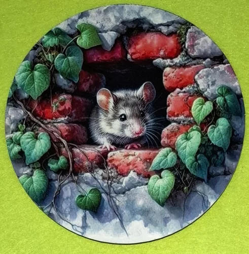 Nyomtatott kerek kopogtató közép Falból kukucskáló egérke 	1db	15cm vastagság 2,5mm	