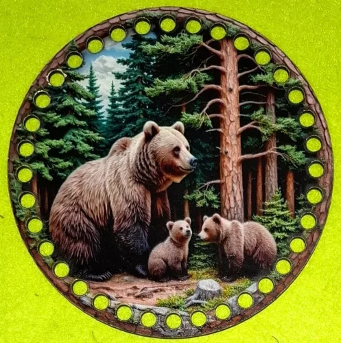 15cm Horgolható nyomtatott fa alap  Medve család 7mm lyukkal 	1db	15cm vastagság 2,5mm	