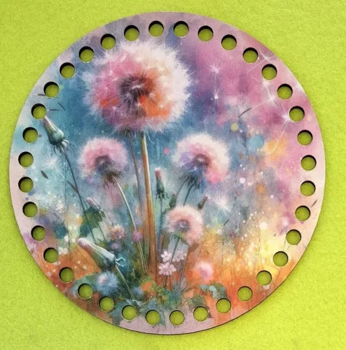 15cm Horgolható nyomtatott fa alap  Pitypangos 7mm lyukkal	1db	15cm vastagság 2,5mm	