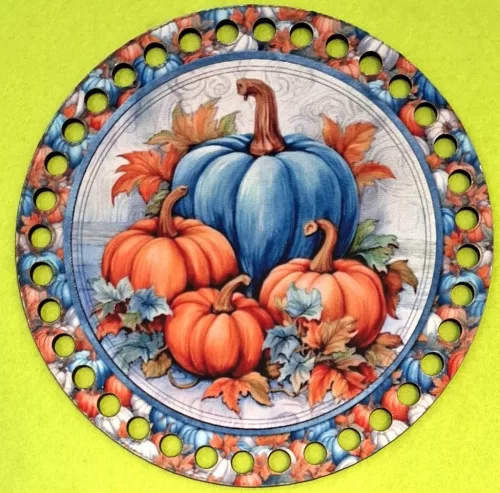 15cm Horgolható nyomtatott fa alap  Kék és narancssárga tök  	7mm lyukkal 1db	15cm vastagság 2,5mm	