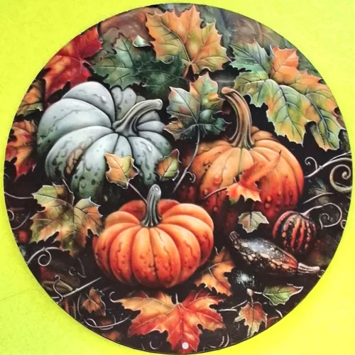 Nyomtatott kerek kopogtató középTökök  levelek között  	1db	15cm vastagság 2,5mm	