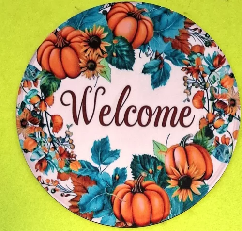   Nyomtatott kerek kopogtató közép Tök koszorú Welcome felirattal 	1db	15cm vastagság 2,5mm	