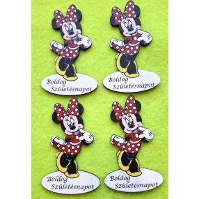   Nyomtatott fa alapú HDF(nem tömörfa)  Minnie piros Boldog születésnapot felirattal	4db/cs	5,5x8,5cm magas vastagság 2,5mm	