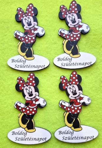 Nyomtatott fa alapú HDF(nem tömörfa)  Minnie piros Boldog születésnapot felirattal	4db/cs	5,5x8,5cm magas vastagság 2,5mm	