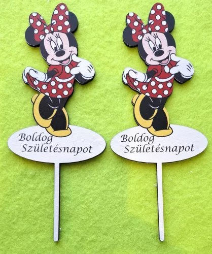 Nyomtatott fa alapú HDF(nem tömörfa) Beszúrós  Minnie piros Boldog születésnapot felirattal	2db/cs	7,5x17cm magas vastagság 2,5mm	