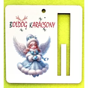   Nyomtatott fa  Kék ruhás angyalka  pénz átadó lap  Boldog Karácsonyt felirattal 	1db	9cm vastagság 3mm	