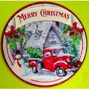   Nyomtatott kerek kopogtató közép Piros autós ,szegélyes feliratos Merry Christmas 	1db	15cm vastagság 2,5mm	