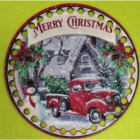   15cm Horgolható nyomtatott fa alap Piros autós ,szegélyes feliratos Merry Christmas 	7mm lyukkal 1db	15cm vastagság 2,5mm	