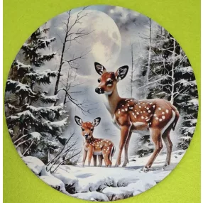   Nyomtatott kerek kopogtató közép Őzikék havas tályon 	1db	15cm vastagság 2,5mm	