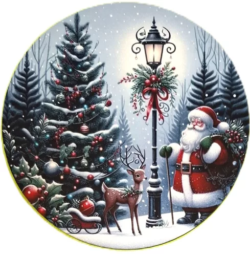 Nyomtatott kerek kopogtató közép Télapó kandeláber alatt 	1db	15cm vastagság 2,5mm	