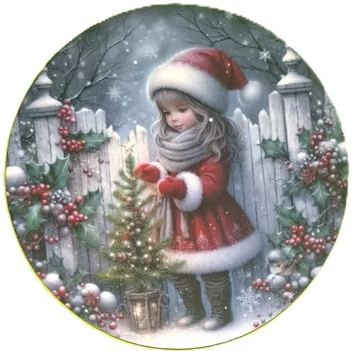 Nyomtatott kerek kopogtató közép Kislány fenyőfával 	1db	15cm vastagság 2,5mm	