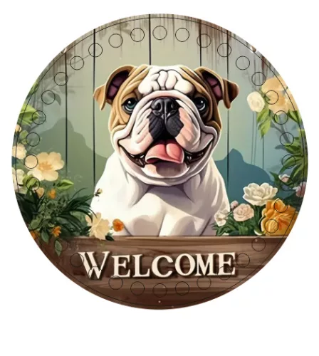 15cm Horgolható nyomtatott fa alap Angol buldog Welcome felirattal 7mm lyukkal	1db	15cm vastagság 2,5mm	