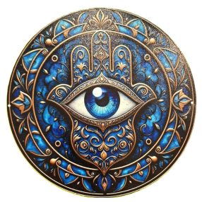   Nyomtatott kerek kopogtató közép Fatima kék kéz ,mindent látó szemmel 	1db	15cm vastagság 2,5mm	