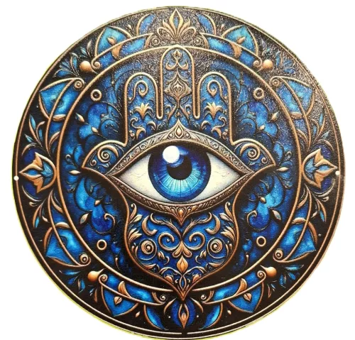 Nyomtatott kerek kopogtató közép Fatima kék kéz ,mindent látó szemmel 	1db	15cm vastagság 2,5mm	